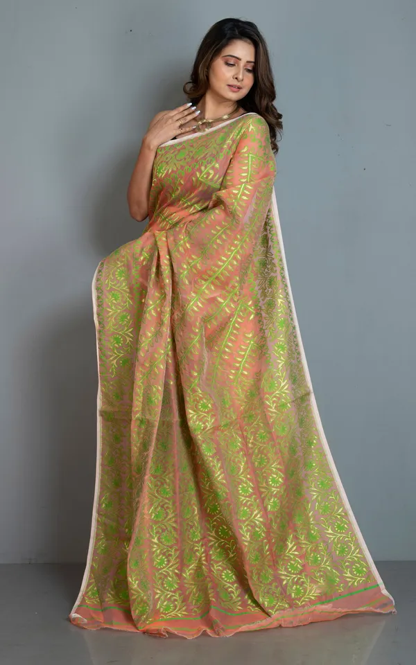 Traditional_Soft_Jamdani_Saree_In_Peach_Green_And_Gold