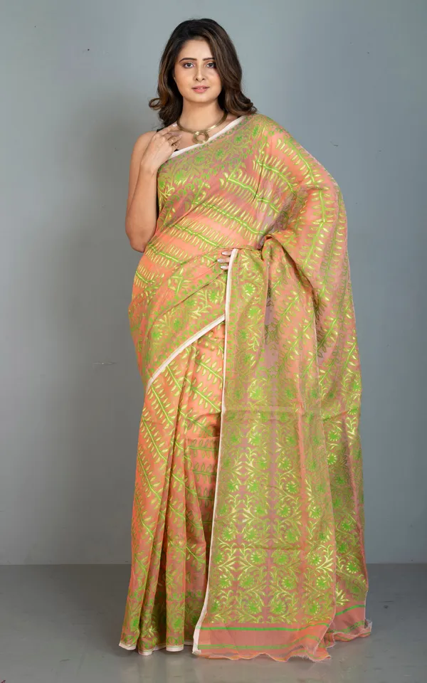 Traditional_Soft_Jamdani_Saree_In_Peach_Green_And_Gold