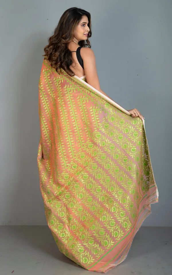 Traditional_Soft_Jamdani_Saree_In_Peach_Green_And_Gold