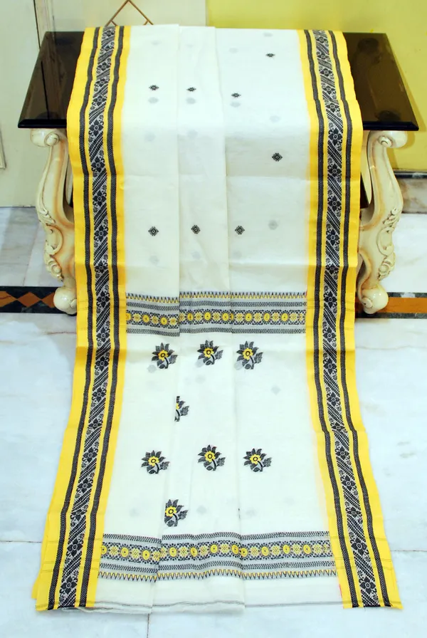 Medium_Size_Thread_Nakshi_Border_Premium_Quality_Bengal_Handloom_Cotton_Saree_In_Off_White_Yellow_And_Black