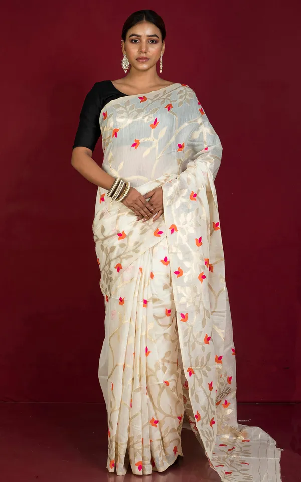 Meenakari_Floral_Nakshi_Work_Soft_Jamdani_Saree_In_Light_Beige_Orange_Hot_Pink_And_Brush_Golden_Zari_Weave