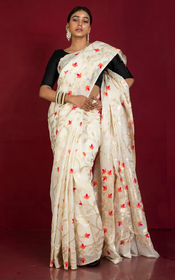 Meenakari_Floral_Nakshi_Work_Soft_Jamdani_Saree_In_Light_Beige_Orange_Hot_Pink_And_Brush_Golden_Zari_Weave