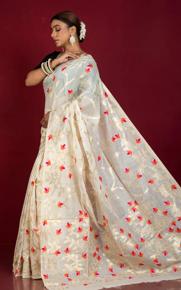 Meenakari_Floral_Nakshi_Work_Soft_Jamdani_Saree_In_Light_Beige_Orange_Hot_Pink_And_Brush_Golden_Zari_Weave