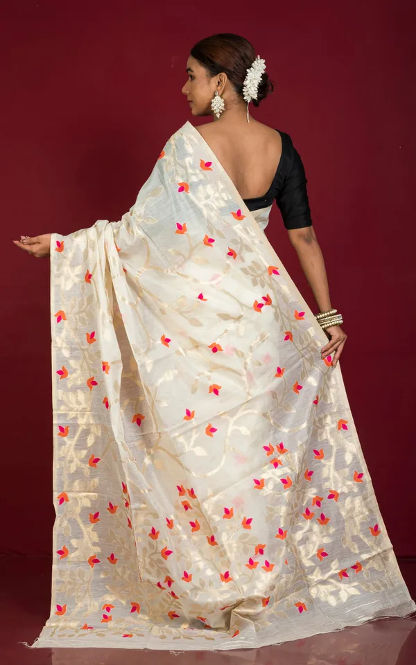 Meenakari_Floral_Nakshi_Work_Soft_Jamdani_Saree_In_Light_Beige_Orange_Hot_Pink_And_Brush_Golden_Zari_Weave