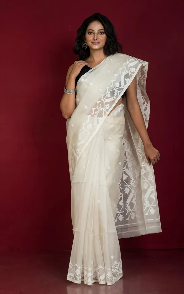 Premium_Quality_Traditional_Karat_Work_Silk_Jamdani_Saree_In_Off_White_And_White