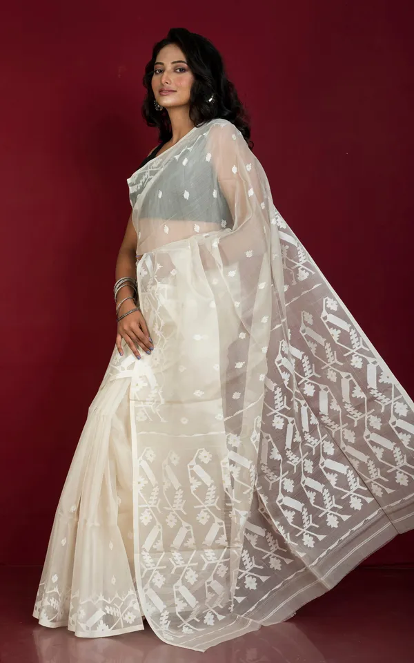 Premium_Quality_Traditional_Karat_Work_Silk_Jamdani_Saree_In_Off_White_And_White