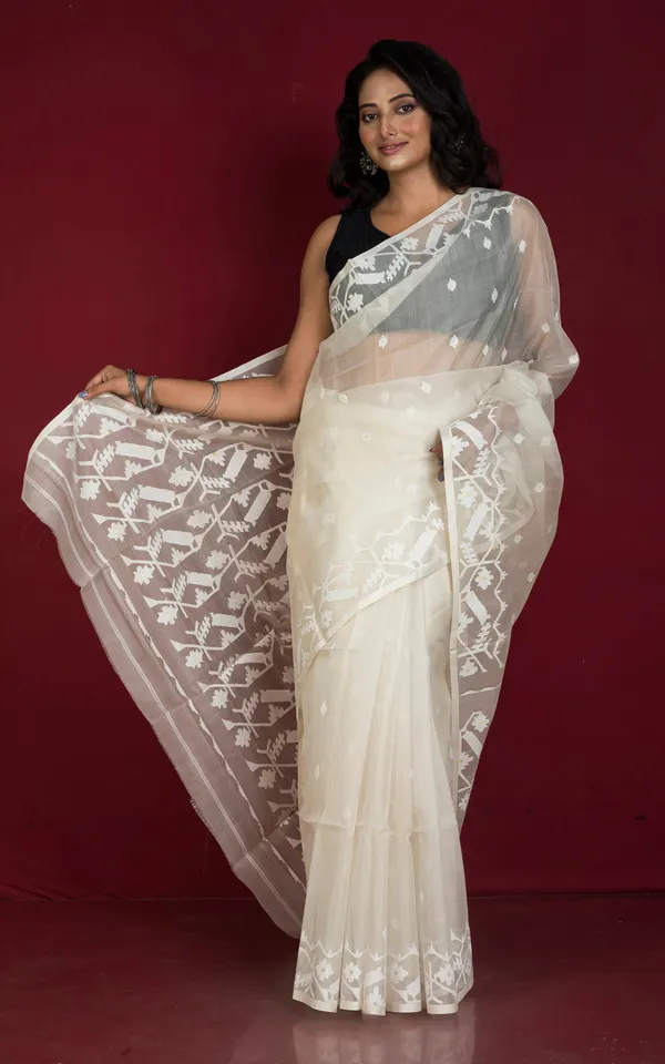 Premium_Quality_Traditional_Karat_Work_Silk_Jamdani_Saree_In_Off_White_And_White