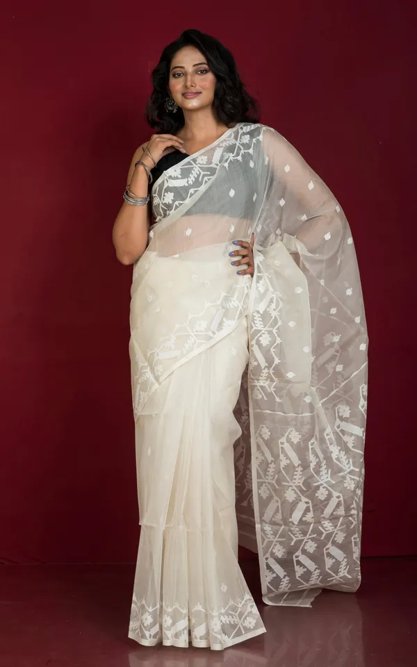 Premium_Quality_Traditional_Karat_Work_Silk_Jamdani_Saree_In_Off_White_And_White