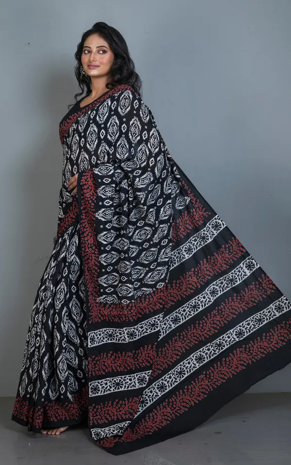 Chunapatti_Block_Printed_Soft_Mulmul_Pure_Cotton_Saree_In_Black_Off_White_And_Brown