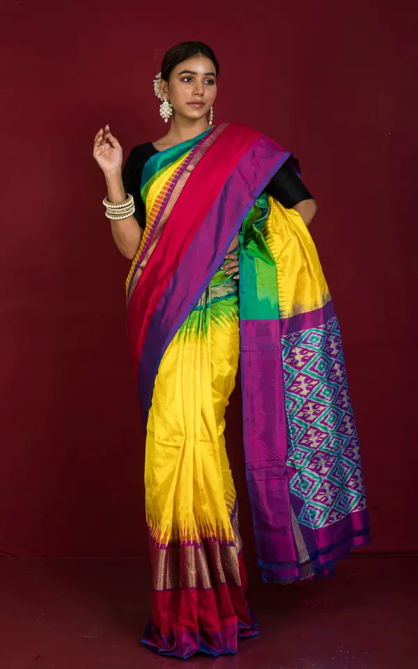 Designer_Skirt_Border_Ikkat_Pochampally_Silk_Saree_In_Bright_Yellow_And_Multicolor