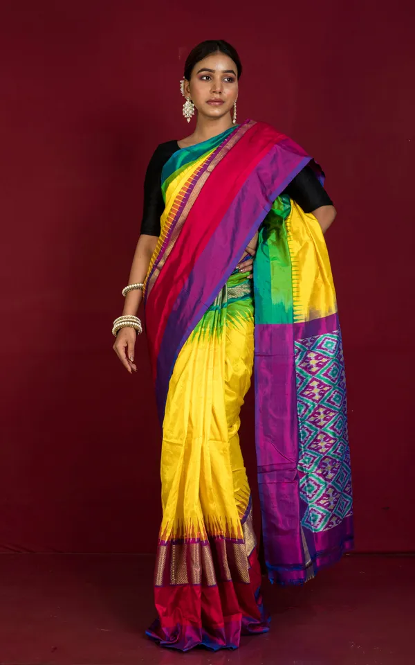 Designer_Skirt_Border_Ikkat_Pochampally_Silk_Saree_In_Bright_Yellow_And_Multicolor