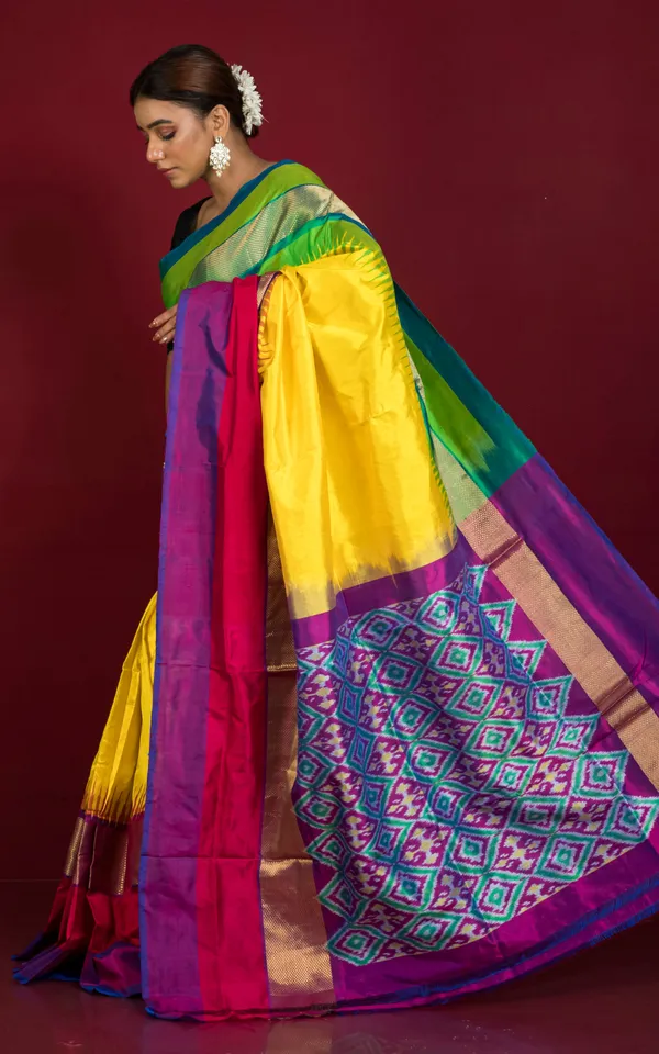 Designer_Skirt_Border_Ikkat_Pochampally_Silk_Saree_In_Bright_Yellow_And_Multicolor