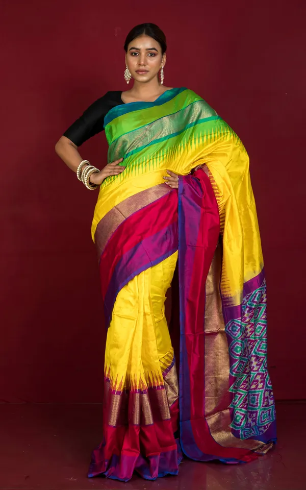Designer_Skirt_Border_Ikkat_Pochampally_Silk_Saree_In_Bright_Yellow_And_Multicolor
