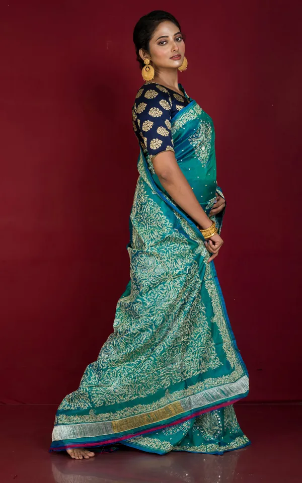Hand_Embroidery_Kashmiri_Work_In_Pure_Bishnupuri_Silk_Saree_In_Seagreen_Off_White_And_Beige