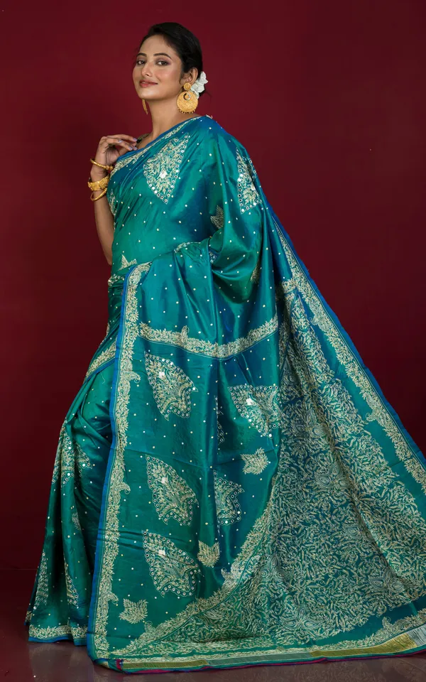 Hand_Embroidery_Kashmiri_Work_In_Pure_Bishnupuri_Silk_Saree_In_Seagreen_Off_White_And_Beige