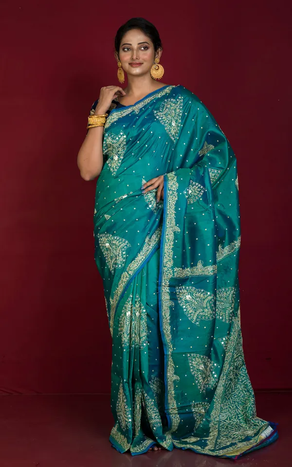 Hand_Embroidery_Kashmiri_Work_In_Pure_Bishnupuri_Silk_Saree_In_Seagreen_Off_White_And_Beige