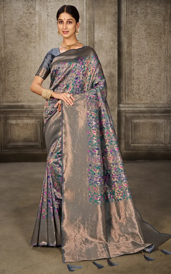 Woven_Pashmina_Silk_Saree_In_Dark_Grey_With_Antique_Gold_And_Multicolor_Meenakari_Thread_Work