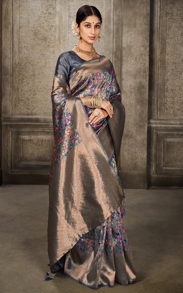 Woven_Pashmina_Silk_Saree_In_Dark_Grey_With_Antique_Gold_And_Multicolor_Meenakari_Thread_Work