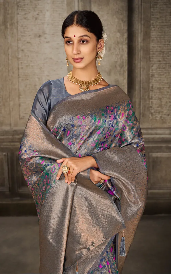 Woven_Pashmina_Silk_Saree_In_Dark_Grey_With_Antique_Gold_And_Multicolor_Meenakari_Thread_Work