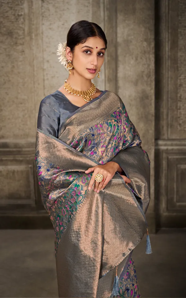 Woven_Pashmina_Silk_Saree_In_Dark_Grey_With_Antique_Gold_And_Multicolor_Meenakari_Thread_Work