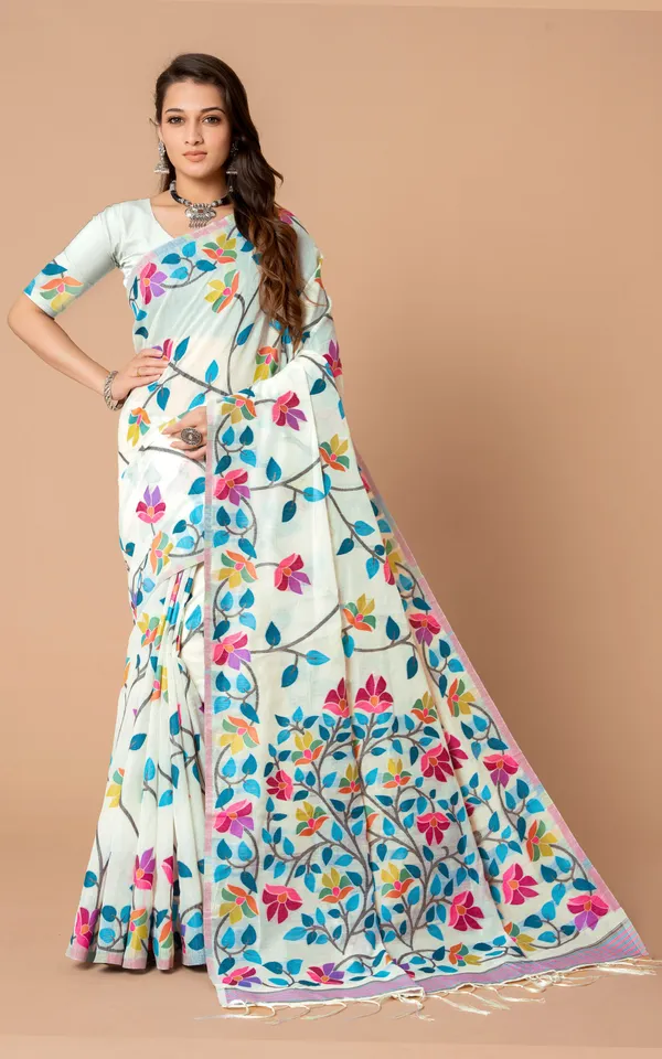 Tantuja_Inspired_Traditional_Soft_Jamdani_Saree_In_Spring_White_Black_And_Multicolor_Nakshi_Thread_Weave