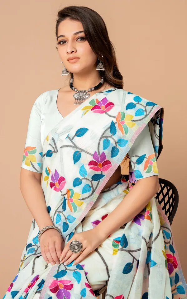 Tantuja_Inspired_Traditional_Soft_Jamdani_Saree_In_Spring_White_Black_And_Multicolor_Nakshi_Thread_Weave