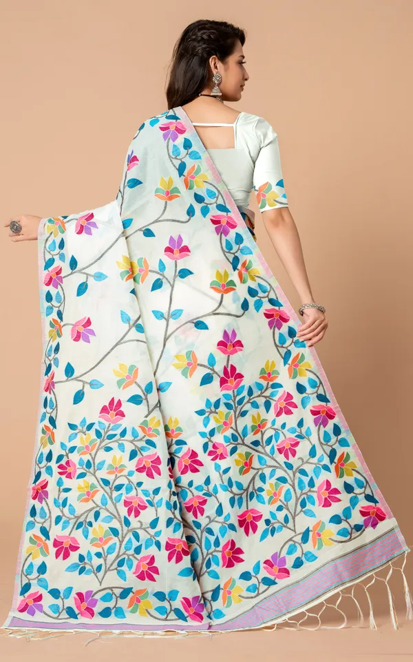 Tantuja_Inspired_Traditional_Soft_Jamdani_Saree_In_Spring_White_Black_And_Multicolor_Nakshi_Thread_Weave