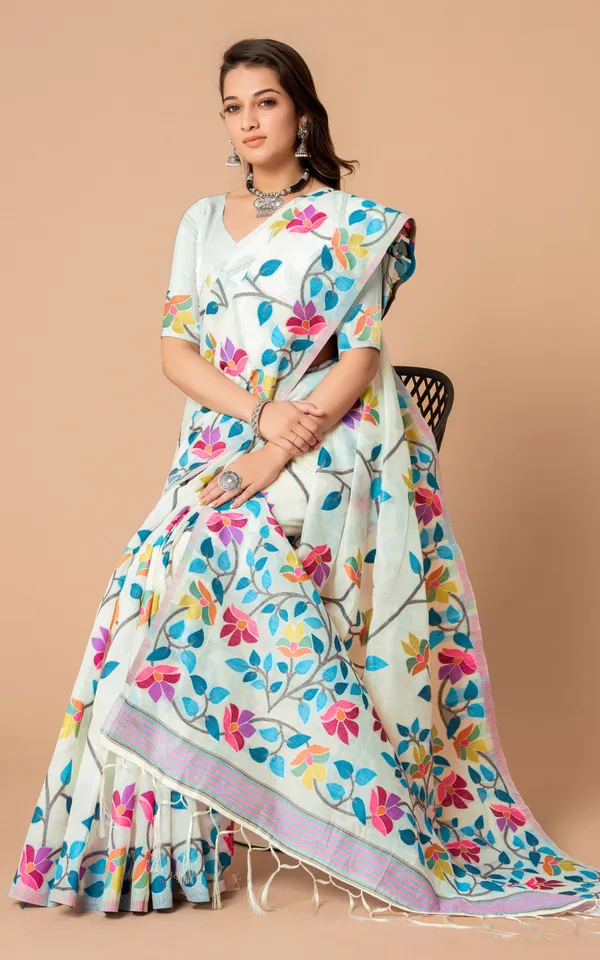 Tantuja_Inspired_Traditional_Soft_Jamdani_Saree_In_Spring_White_Black_And_Multicolor_Nakshi_Thread_Weave