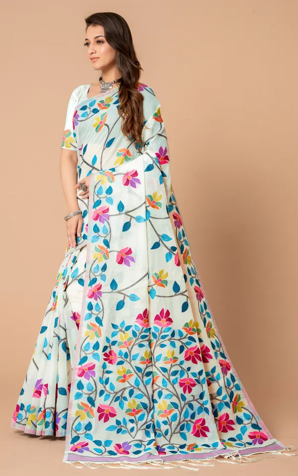 Tantuja_Inspired_Traditional_Soft_Jamdani_Saree_In_Spring_White_Black_And_Multicolor_Nakshi_Thread_Weave