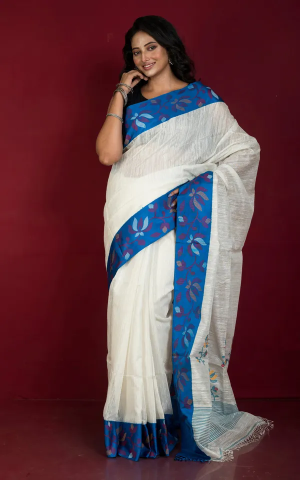 Premium_Quality_Kadiyal_Double_Warp_Matka_Tussar_Jamdani_Silk_Saree_In_White_Royal_Blue_And_Multicolor