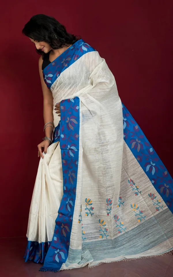 Premium_Quality_Kadiyal_Double_Warp_Matka_Tussar_Jamdani_Silk_Saree_In_White_Royal_Blue_And_Multicolor