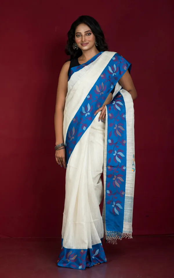 Premium_Quality_Kadiyal_Double_Warp_Matka_Tussar_Jamdani_Silk_Saree_In_White_Royal_Blue_And_Multicolor