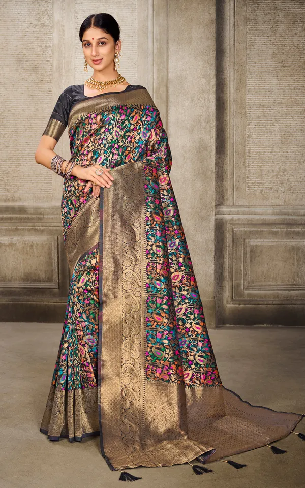 Woven_Pashmina_Silk_Saree_In_Black_With_Antique_Gold_And_Multicolor_Meenakari_Thread_Work