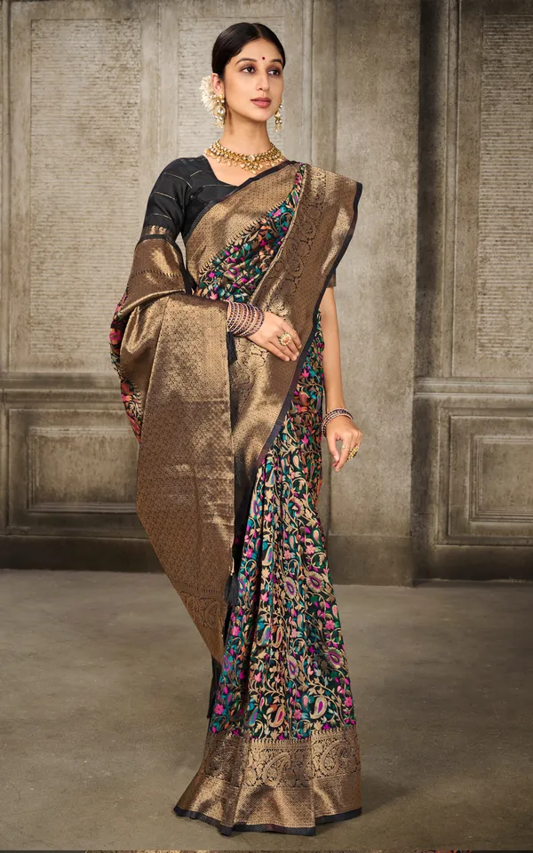 Woven_Pashmina_Silk_Saree_In_Black_With_Antique_Gold_And_Multicolor_Meenakari_Thread_Work