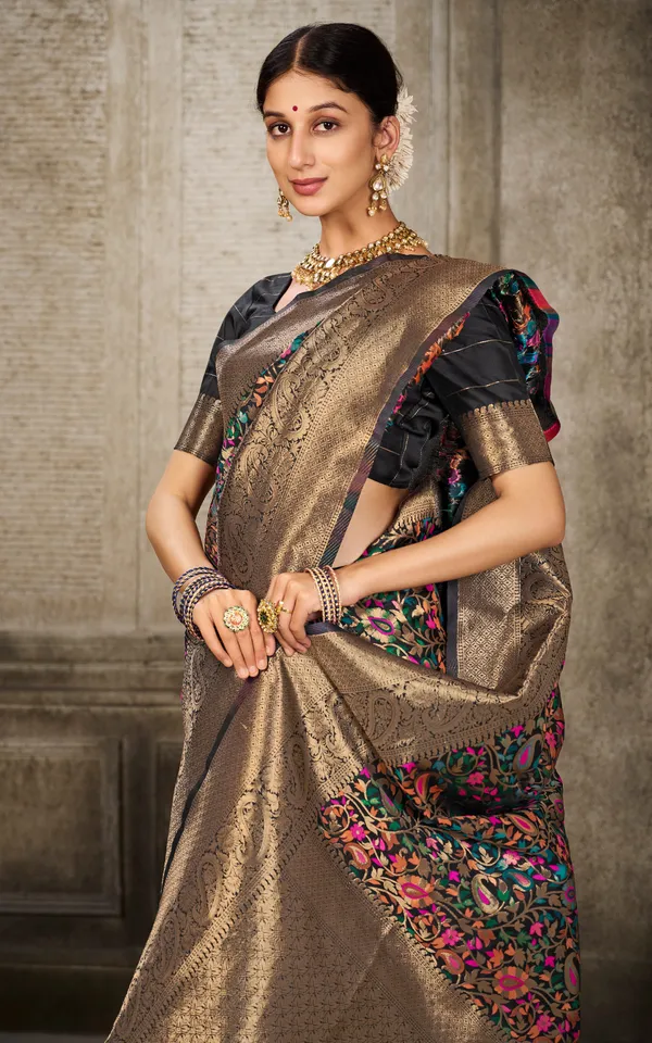 Woven_Pashmina_Silk_Saree_In_Black_With_Antique_Gold_And_Multicolor_Meenakari_Thread_Work