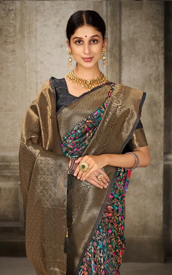 Woven_Pashmina_Silk_Saree_In_Black_With_Antique_Gold_And_Multicolor_Meenakari_Thread_Work