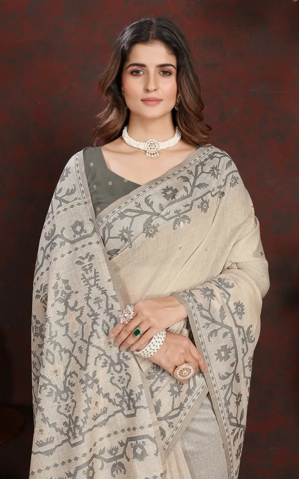 Tantuja_Inspired_Traditional_Karat_Needle_Nakshi_Work_Soft_Jamdani_Saree_In_Ecru_And_Gray