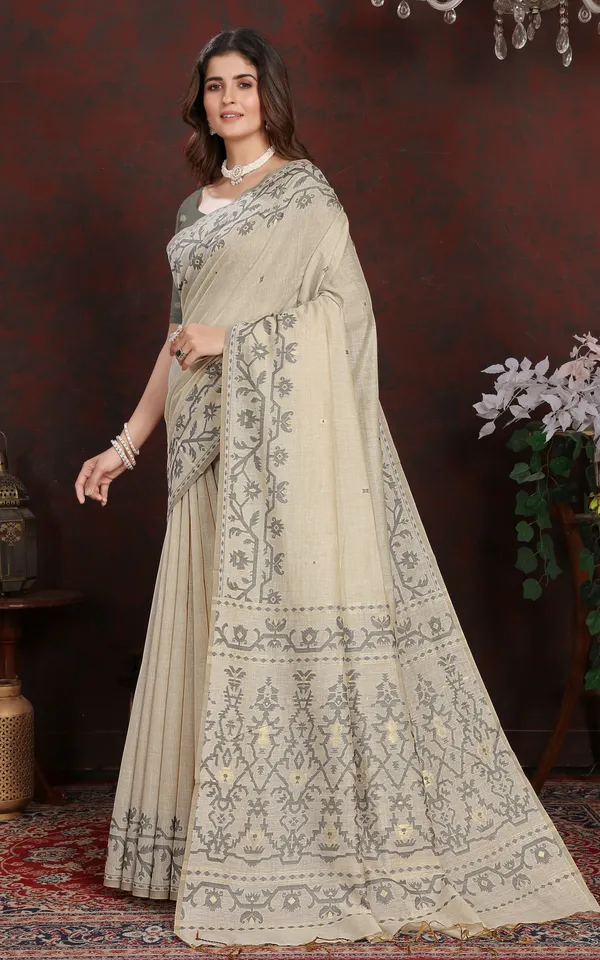 Tantuja_Inspired_Traditional_Karat_Needle_Nakshi_Work_Soft_Jamdani_Saree_In_Ecru_And_Gray