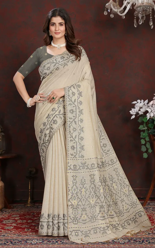 Tantuja_Inspired_Traditional_Karat_Needle_Nakshi_Work_Soft_Jamdani_Saree_In_Ecru_And_Gray