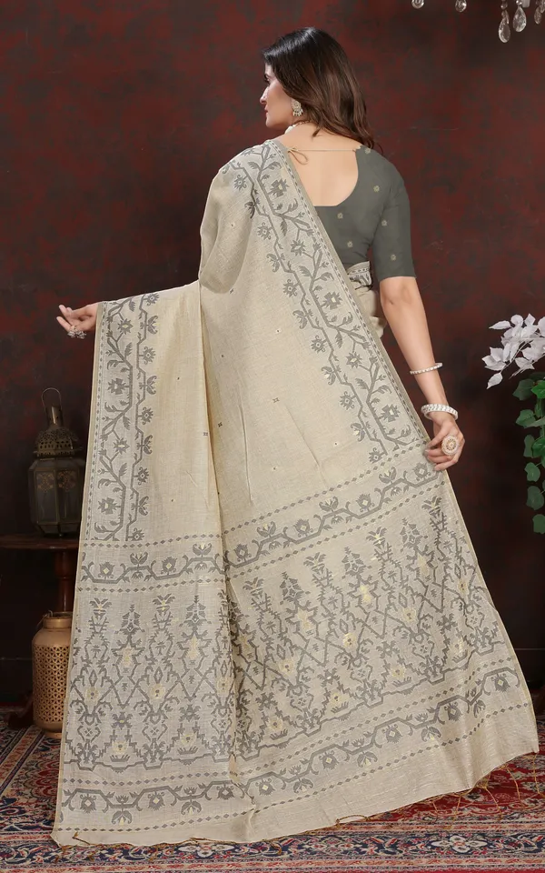 Tantuja_Inspired_Traditional_Karat_Needle_Nakshi_Work_Soft_Jamdani_Saree_In_Ecru_And_Gray