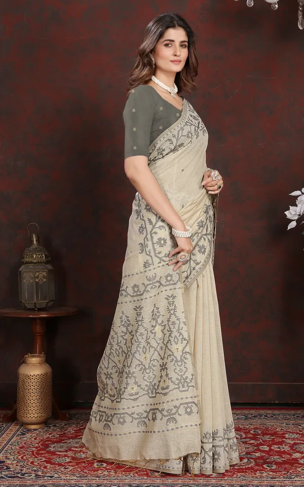 Tantuja_Inspired_Traditional_Karat_Needle_Nakshi_Work_Soft_Jamdani_Saree_In_Ecru_And_Gray