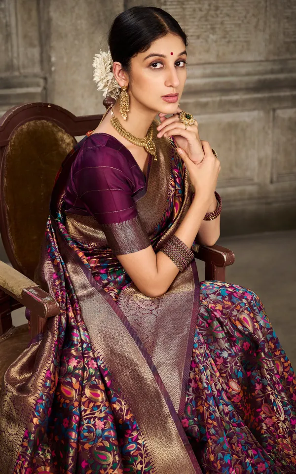 Woven_Pashmina_Silk_Saree_In_Wine_With_Antique_Gold_And_Multicolor_Meenakari_Thread_Work