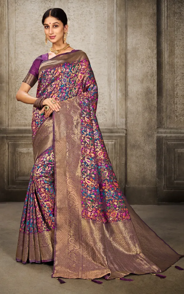 Woven_Pashmina_Silk_Saree_In_Wine_With_Antique_Gold_And_Multicolor_Meenakari_Thread_Work