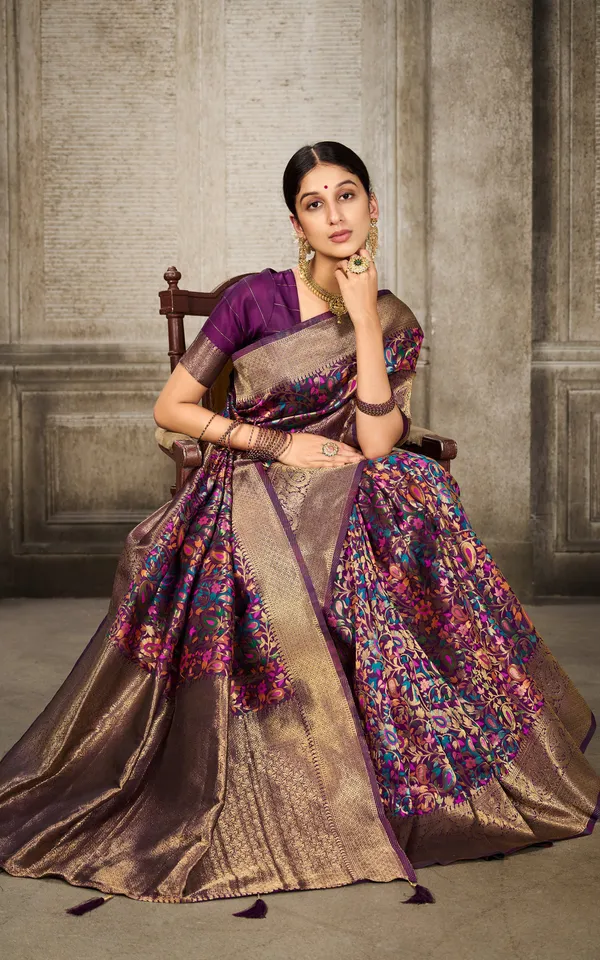 Woven_Pashmina_Silk_Saree_In_Wine_With_Antique_Gold_And_Multicolor_Meenakari_Thread_Work