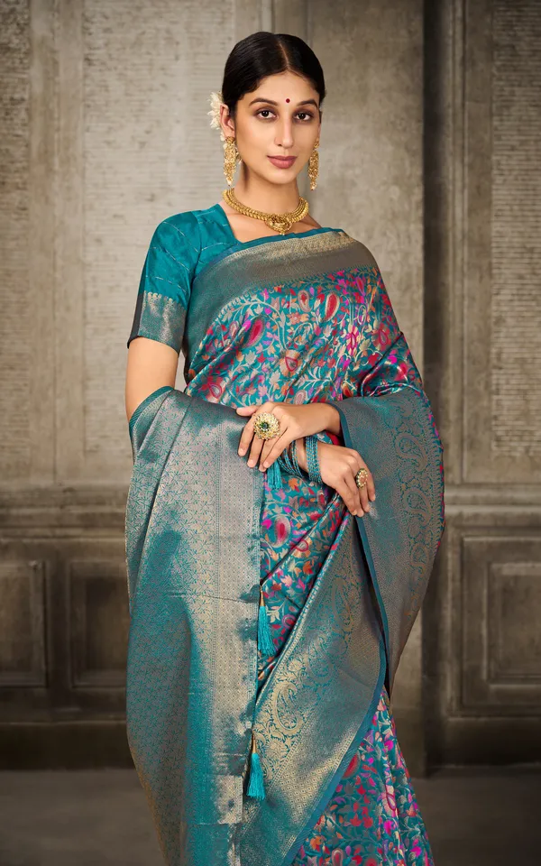 Woven_Pashmina_Silk_Saree_In_Turquoise_With_Antique_Gold_And_Multicolor_Meenakari_Thread_Work