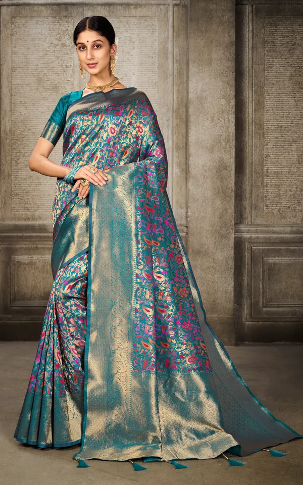 Woven_Pashmina_Silk_Saree_In_Turquoise_With_Antique_Gold_And_Multicolor_Meenakari_Thread_Work