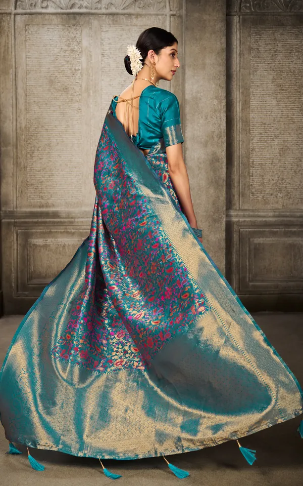 Woven_Pashmina_Silk_Saree_In_Turquoise_With_Antique_Gold_And_Multicolor_Meenakari_Thread_Work