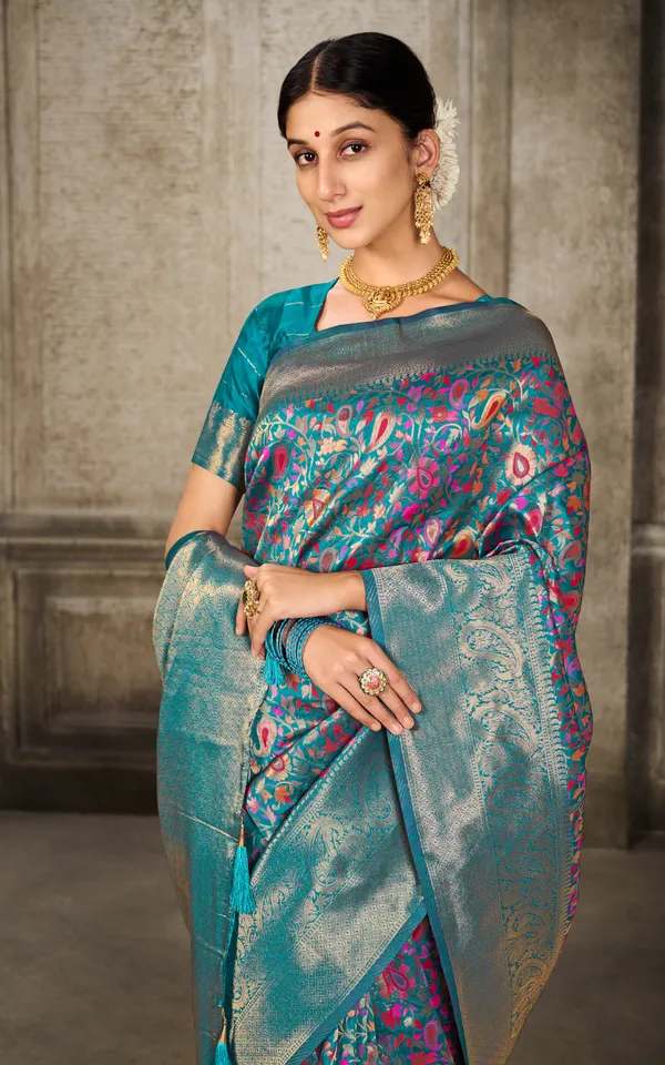 Woven_Pashmina_Silk_Saree_In_Turquoise_With_Antique_Gold_And_Multicolor_Meenakari_Thread_Work