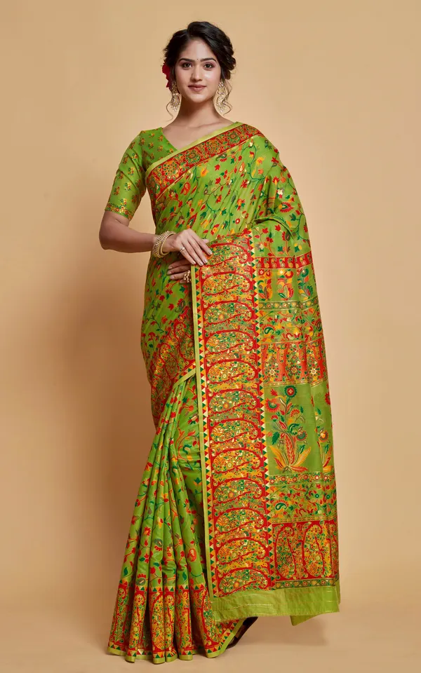 Kashmiri_Modal_Silk_Woven_Kani_Saree_In_Green_Red_And_Multicolor