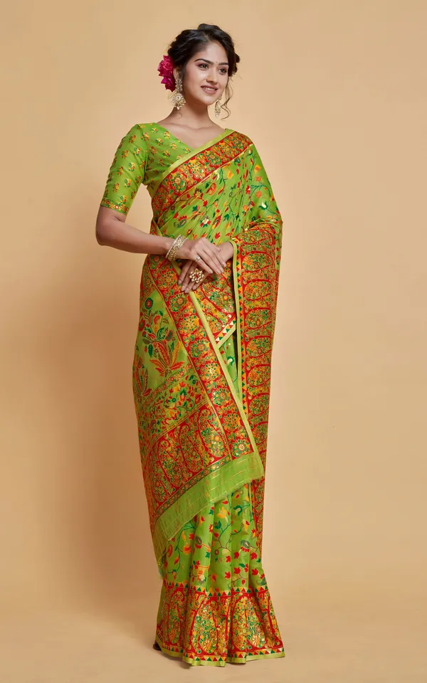Kashmiri_Modal_Silk_Woven_Kani_Saree_In_Green_Red_And_Multicolor